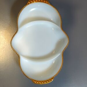 A Fire-King Milk Glass Golden Anniversary 3 Section Relish Dish.